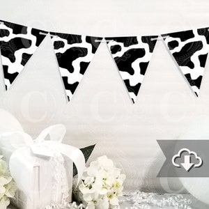 Black Cow Print Banner Printable, DIY Custom Banner, Bunting Banner Printable, Animal Print, Farm Party, Printable Party Decor image 1