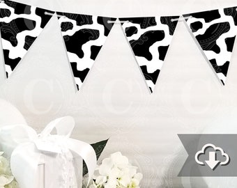 Black Cow Print Banner Printable, DIY Custom Banner, Bunting Banner Printable, Animal Print, Farm Party, Printable Party Decor