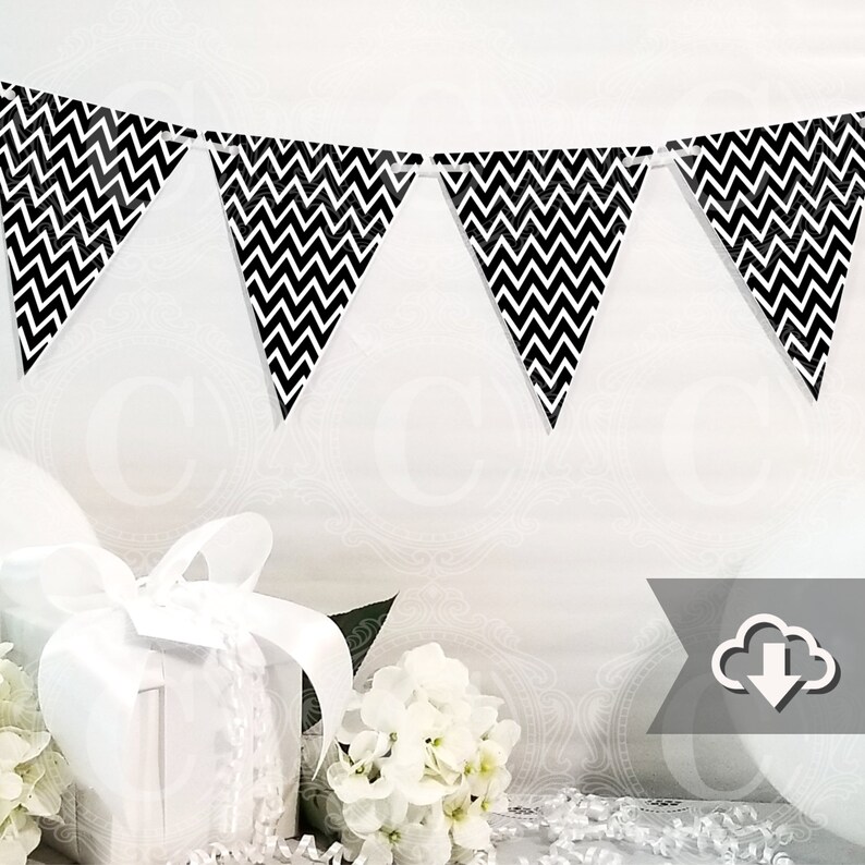 Black Chevron Banner Printable, DIY Custom Banner, Chevron Bunting Banner Printable, Printable Party Decor, Instant Download image 1