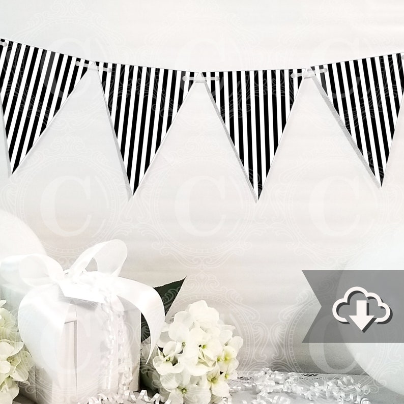 Black White Stripe Banner Printable, DIY Custom Banner, Bunting Banner Printable, Printable Party Decor, Instant Download image 1