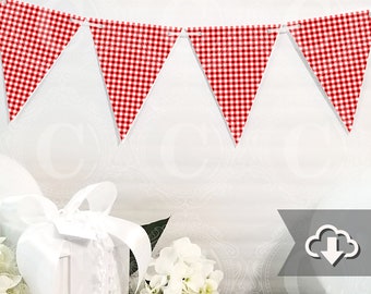 Burgundy Red Gingham Banner Printable, DIY Custom Banner, Bunting Banner Printable, Printable Party Decor, Instant Download