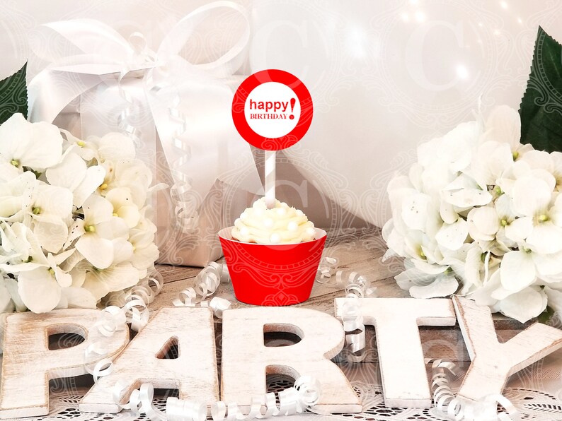 Red Birthday Cupcake Toppers Printable Instant Download Etsy