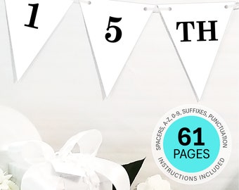 15th Birthday Banner Template Custom Happy 15th Birthday Banner Personalized Name Pennant Banner White 15th Birthday Bunting Banner DOWNLOAD