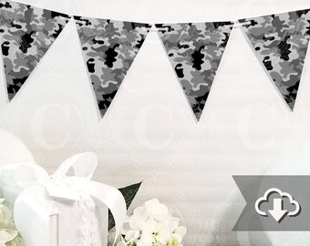 Gray Camo Camouflage Banner Printable, DIY Custom Banner, Hunting Bunting Banner Printable, Printable Party Decor, Instant Download