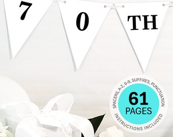 70th Birthday Banner Template Custom Happy 70th Birthday Banner Personalized Name Pennant Banner White 70th Birthday Bunting Banner DOWNLOAD