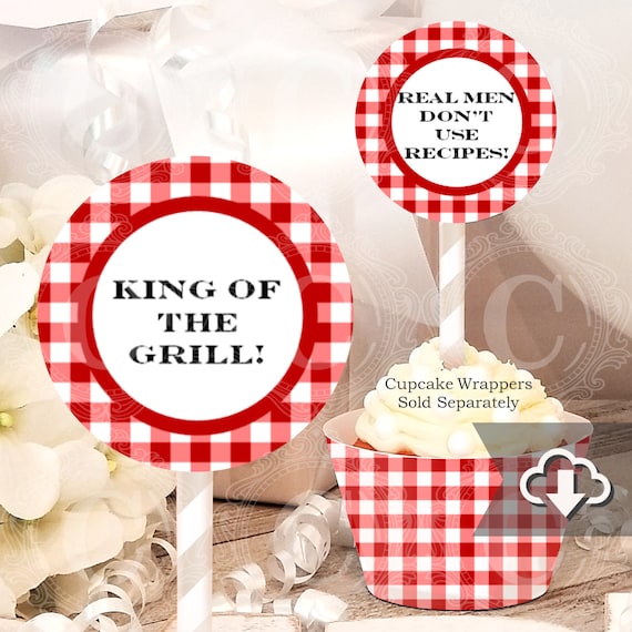 Gingham BBQ Cupcake Toppers Printable, BBQ Cookout Party Decor, Instant ...