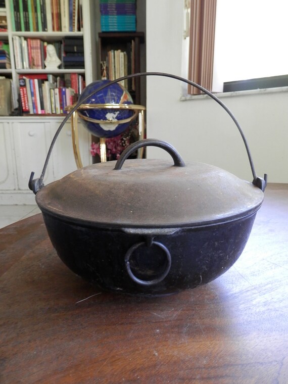 Items similar to old antique Black Cast Iron pot with Lid Marked 3
