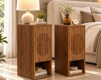 Narrow Fluted Nightstand Set of 2, Walnut Brown Slim Bedside Tables with 2 Drawers, Modern Small End Tables for Bedroom and Living Room