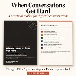 May include: A 33-page digital PDF toolkit titled When Conversations Get Hard by Silvia D'Addario, PhD. It includes a black cover with white text and a white page detailing a six-stage conversation process with numbered, color-coded steps.