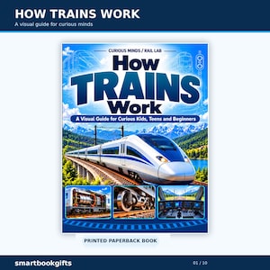 May include: A paperback book titled How Trains Work: A Visual Guide for Curious Kids, Teens and Beginners. The cover features a high-speed train on a bridge, mountain scenery, and three smaller inset images showing engine parts and a cockpit.