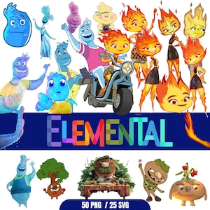 May include: A collection of animated characters from the movie Elemental, including blue water-based figures and orange fire-based figures, with the text ELEMENTAL in a colorful font and 50 PNG / 25 SVG text at the bottom.