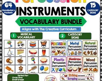May include: A Percussion Instruments Vocabulary Bundle educational poster featuring 64 vocabulary packets and 15 category signs. The layout includes illustrations of various instruments like drums, shakers, and triangles, with text labels and categorized sections for metal, natural, plastic, membrane, and wood instruments.