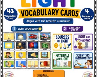 May include: A set of 43 vocabulary cards and 4 category cards titled LIGHT VOCABULARY CARDS. The cards feature colorful illustrations of light-related objects, concepts, and scientific themes, including text labels like Sources of Light and Light and Shadows.
