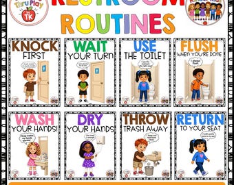 May include: An educational poster titled RESTROOM ROUTINES featuring eight illustrated panels with children demonstrating steps: knock first, wait your turn, use the toilet, flush, wash hands, dry hands, throw trash away, and return to your seat.