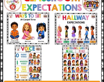 May include: A classroom expectations poster set featuring colorful illustrations of children. Sections include Ways to Sit, Hallway Expectations, Voice Levels, and Listening Ears, with text labels for each behavior and rule in a bright, educational layout.