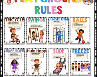 May include: A colorful educational poster titled PLAYGROUND RULES featuring eight sections with illustrations and instructions for activities including tricycle, swings, jungle gym, balls, jump rope, hula hoop, slide, and freeze, with text at the bottom.