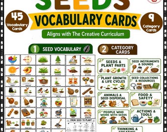 May include: A set of 45 vocabulary cards and 9 category cards titled SEEDS VOCABULARY CARDS. The educational resource features illustrations of plants, seeds, animals, and tools, with text labels for each item, designed to align with The Creative Curriculum.