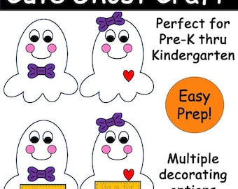 May include: A craft activity sheet featuring four white ghost illustrations with black outlines, googly eyes, and pink cheeks. Two ghosts wear purple bows, one has a red heart, and two hold yellow signs reading Happy Halloween and Gg is for GHOST.