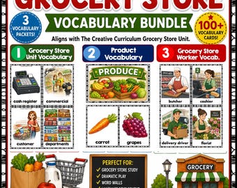 May include: A Grocery Store Vocabulary Bundle educational poster featuring three numbered sections with illustrations of a cash register, produce, and store workers. Includes text labels for various grocery items and roles, plus a small grocery store building graphic.