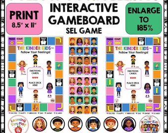 May include: An interactive game board titled Follow Your Feelings featuring two colorful paths with illustrated characters, emotion cards, and a central grid of faces. The print size is 8.5 inches by 11 inches, with instructions to enlarge to 185 percent.