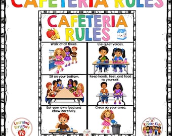 May include: A colorful educational poster titled CAFETERIA RULES featuring six illustrated panels with children demonstrating school lunch behaviors. The text includes instructions like Walk at all times, Use quiet voices, Sit on your bottom, Keep hands, feet, and food to yourself, Eat your own food and chew carefully, and Clean up your area.