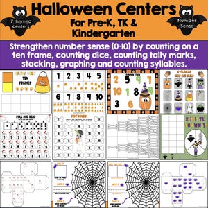 Könnte beinhalten: Eine Sammlung von Halloween-thematischen Lernarbeitsblättern für junge Schüler. Die Seiten enthalten Zählübungen mit Zuckermais, Würfeln, Strichlisten und Spinnennetzen sowie Silbenzählaufgaben und Zahlenspiele mit Kürbissen und Knochen.