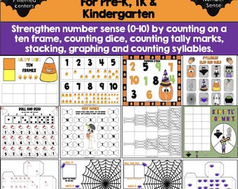 May include: A collection of Halloween-themed educational activity sheets for young learners. The pages feature counting exercises with candy corn, dice, tally marks, and spider webs, alongside syllable counting tasks and number sense games with pumpkins and bones.