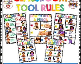 May include: A set of five educational posters titled CLASSROOM TOOL RULES, HOW TO HOLD A PENCIL, CRAYON RULES, SCISSOR RULES, GLUE & GLUE STICK RULES, and PLAYDOUGH RULES, featuring colorful illustrations of children demonstrating proper tool usage.