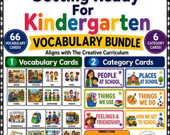 May include: A Getting Ready For Kindergarten Vocabulary Bundle educational set featuring 66 vocabulary cards and 6 category cards. The cards display colorful illustrations of school scenes, people, and objects with text labels.