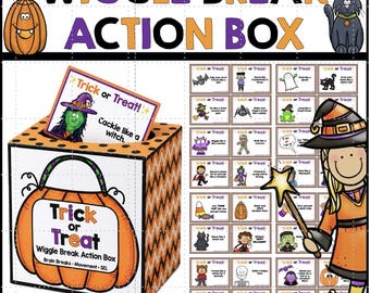 May include: A Wiggle Break Action Box featuring a pumpkin-shaped container with orange and black chevron patterns. The box includes cards with Halloween-themed movement prompts like Cackle like a witch and Trick or Treat text.