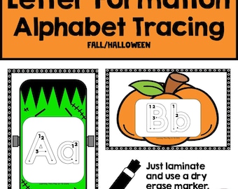 May include: Educational letter formation alphabet tracing cards with a Fall/Halloween theme. Features a green Frankenstein-style card with the letter A and an orange pumpkin card with the letter B. Includes text: Letter Formation Alphabet Tracing, FALL/HALLOWEEN, and Just laminate and use a dry erase marker.