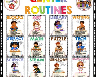 May include: A classroom poster titled CENTER ROUTINES featuring twelve illustrated sections for different learning areas including Blocks, Art, Library, Writing, Literacy, Math, Puzzle, Tech, Science, STEAM, Sensory, and Dramatic Play with text.