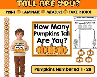 May include: A printable educational activity set titled How Many Pumpkins Tall Are You? featuring a vertical pumpkin measuring chart numbered 1 to 28, a worksheet for recording height, and individual pumpkin cutouts numbered 1 through 4.