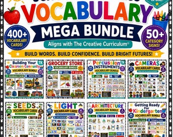 May include: A School Readiness Vocabulary Mega Bundle educational resource set featuring 400+ vocabulary cards and 50+ category signs. The graphic includes colorful text, an apple, crayons, and eight smaller panels detailing specific bundles.