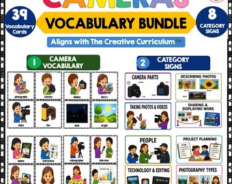 May include: A digital educational resource titled CAMERAS VOCABULARY BUNDLE, featuring 39 vocabulary cards and 8 category signs. The layout includes illustrated cards depicting camera parts, photography actions, and project planning steps.