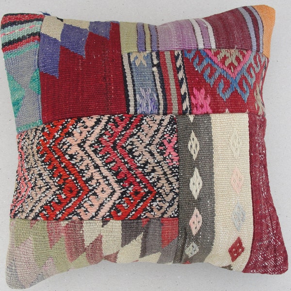 HANDWOVEN Vintage Turkish Kilim Patchwork Pillow Cover 16" X 16",Tribal Pillow,Vintage Kilim Pillow,Throw Pillow