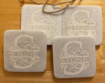Coasters, Marble, Engraved, Personalized Initial and Name, Multiple Styles to Chose From