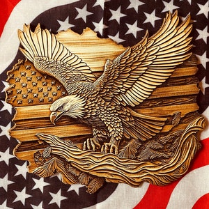 American Bald Eagle on American Flag Background 3D Illusion Laser Engrave, USA, Patriotic, Wall hanger