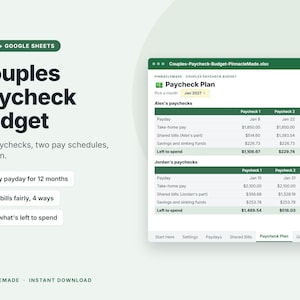 Peut inclure: Un modèle de feuille de calcul budgétaire numérique pour Excel et Google Sheets intitulé Couples Paycheck Budget. L'interface affiche un plan de paie pour deux personnes, Alex et Jordan, avec des colonnes pour les dates de paie et les dépenses.