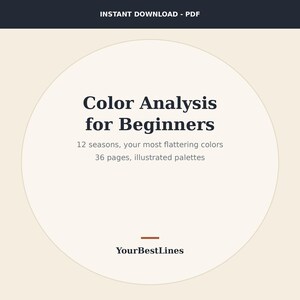 Op de afbeelding: Een digitaal PDF-document getiteld Color Analysis for Beginners, met 12 seasons, your most flattering colors, 36 pages, illustrated palettes en de merknaam YourBestLines in donkere tekst op een crèmekleurige cirkelvormige achtergrond.