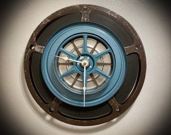 Brown and Blue Film Reel Wall Clock, Movie Director Gift, Filmmaker Award, Editor Office Clock, Game Room Clock For Wall