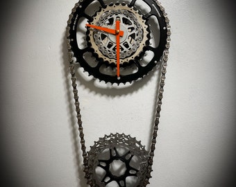 Bike Gear Wall Clock, Black and Orange Steampunk Decor, Industrial Gift For Cyclists, Triathlete Award