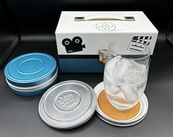 Vintage Film Reel Coaster Set, Home Theater Barware, Movie Housewarming Gift, Theater Room TV Remote and Coaster Storage, Filmmaker Gift