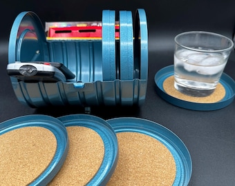 Vintage Film Reel Coaster Set, Blue Metal Case, Media Room Decor