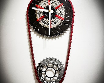 Bike Gear Wall Clock, Gift For Cyclists, Triathlete Award, Black and Red Steampunk Decor, Industrial Bicycle Wall Art