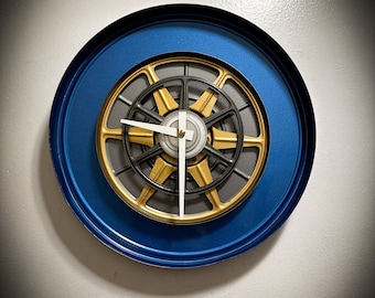 Blue and Gold Mid Century Film Reel Wall Clock, Movie Memorabilia, Home Theater Decor, Film Student Gift, Movie Director Award