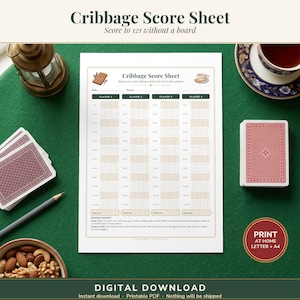 May include: A white paper Cribbage Score Sheet with columns for four players, featuring a grid to track scores up to 121. The document includes a scoring reminder section, small illustrations of a cribbage board and a teacup, and text.