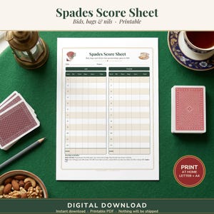 May include: A Spades score sheet printed on white paper with columns for two partnerships labeled Us and Them. The sheet includes rows for 12 hands, a scoring reminder section, and small illustrations of playing cards and a teacup.