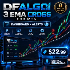 Puede incluir: Una interfaz de software de trading digital titulada DFALGO 3 EMA CROSS FOR MT5. El gráfico muestra un monitor de computadora con un gráfico bursátil que incluye líneas de tendencia, señales de compra y venta y un panel.