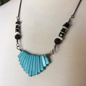 OOAK Real Turquoise Fringe Necklace with Gunmetal Chain // Bone and Crystal Accents